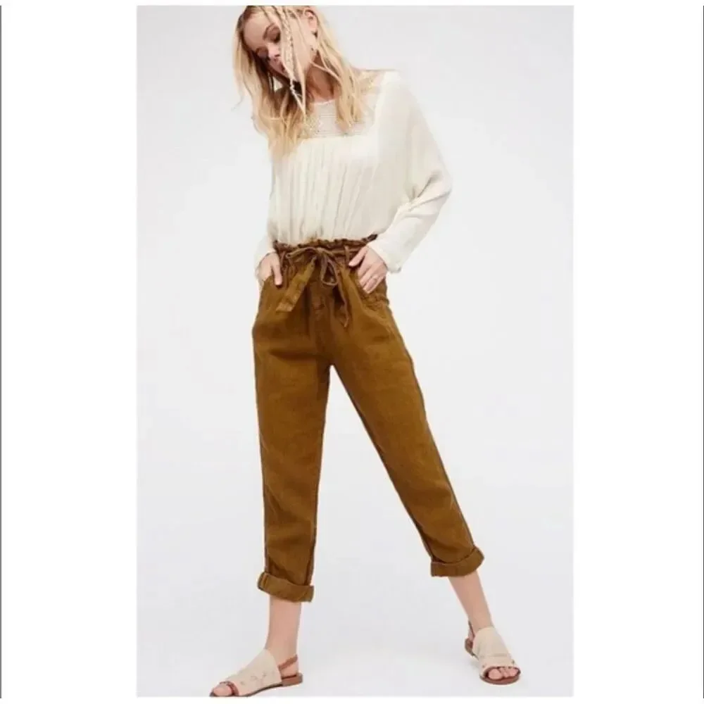 Free People Paper Bag Slouchy Belted Brown Pants Women's 4 Indie Boho Cotton